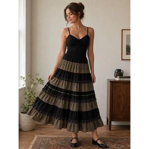 Vtg B. Batier France Velvet Ditsy Floral Corduroy Maxi Skirt Black Olive Green S